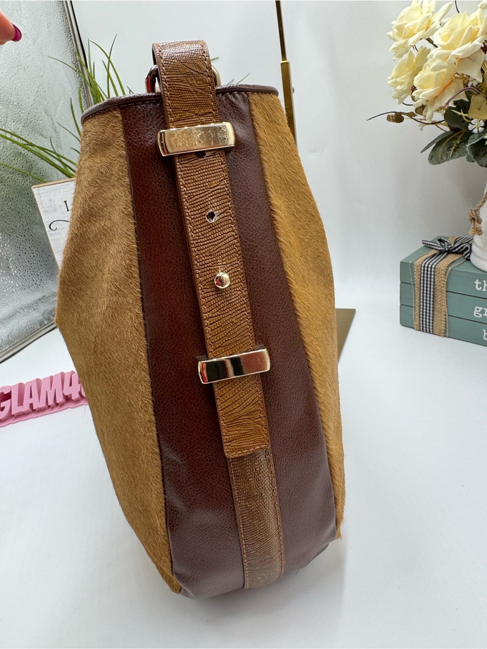 Antonio Melani Brown Genuine Leather & Calf Hair Hobo Shoulder Bag - Picture 3 of 10